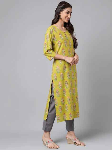Green Cotton Floral Printed Straight Kurta
