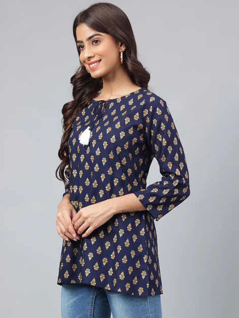 Navy Blue Cotton Foil Printed Regular Kurta