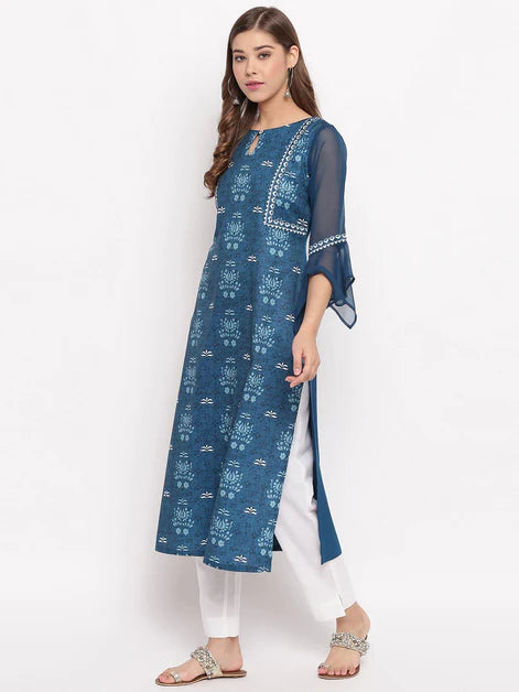 Teal Poly Crepe Digital Print Straight Kurta