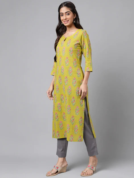 Green Cotton Floral Printed Straight Kurta
