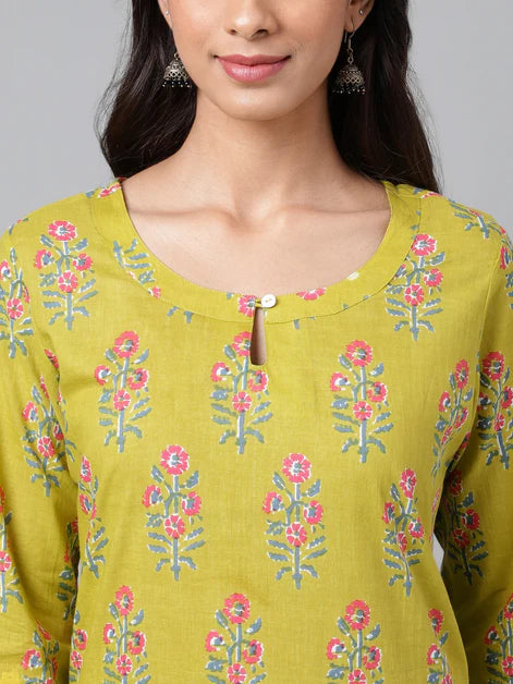 Green Cotton Floral Printed Straight Kurta