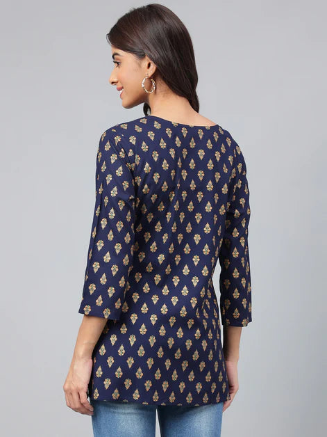 Navy Blue Cotton Foil Printed Regular Kurta