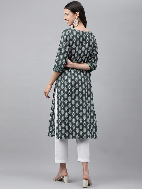 Dark Green Cotton Ethnic Motifs Straight Kurta