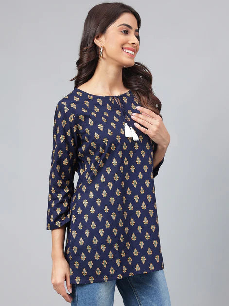 Navy Blue Cotton Foil Printed Regular Kurta