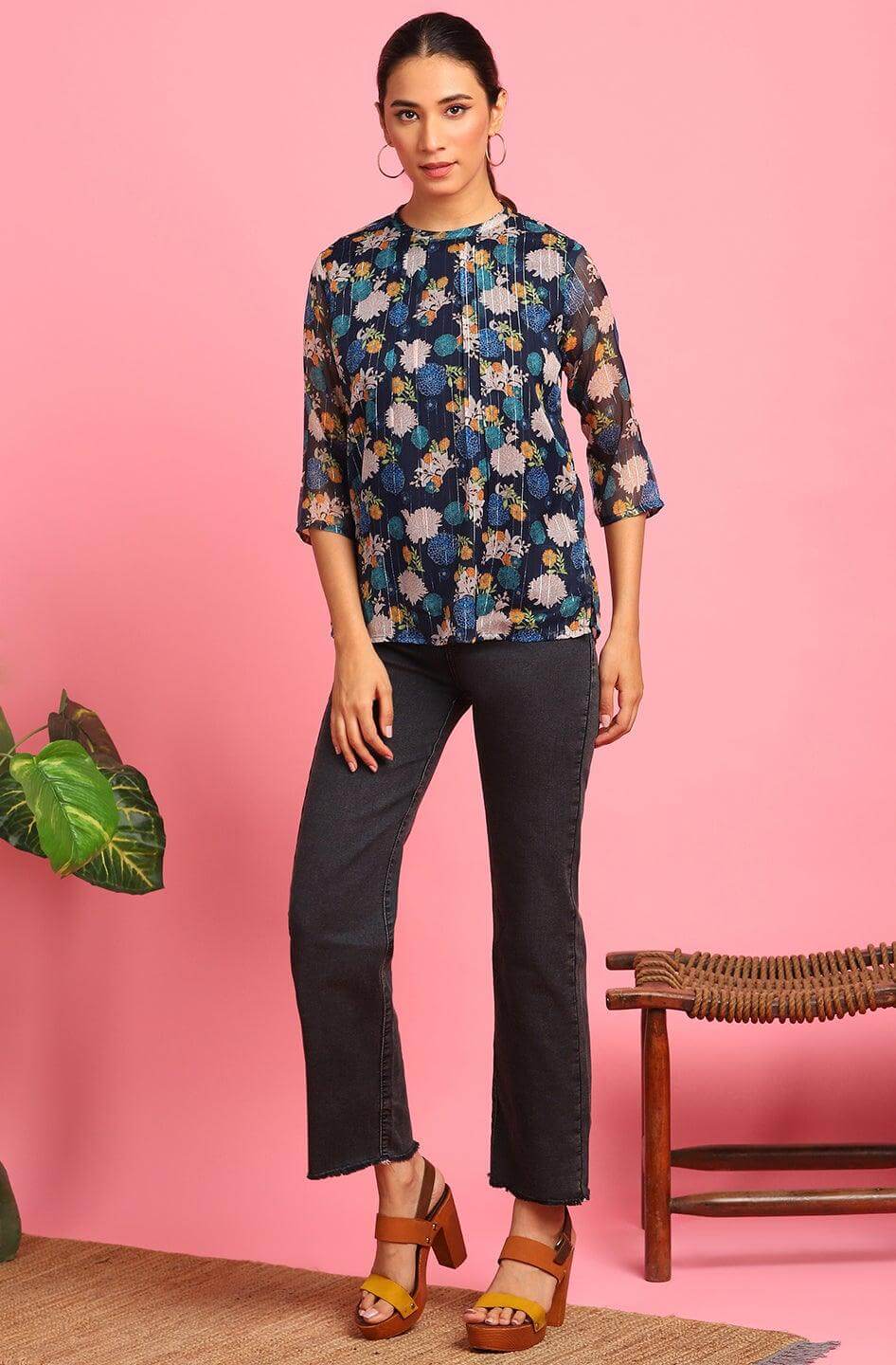 Blue Poly Georgette Floral Print Top