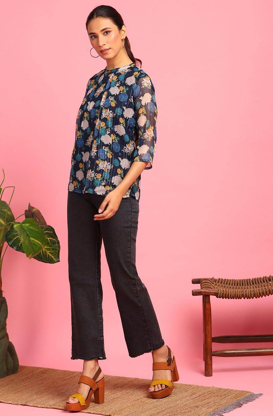 Blue Poly Georgette Floral Print Top