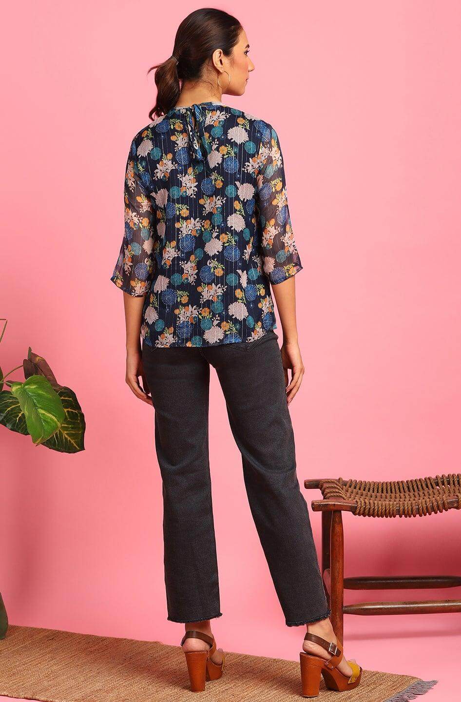 Blue Poly Georgette Floral Print Top