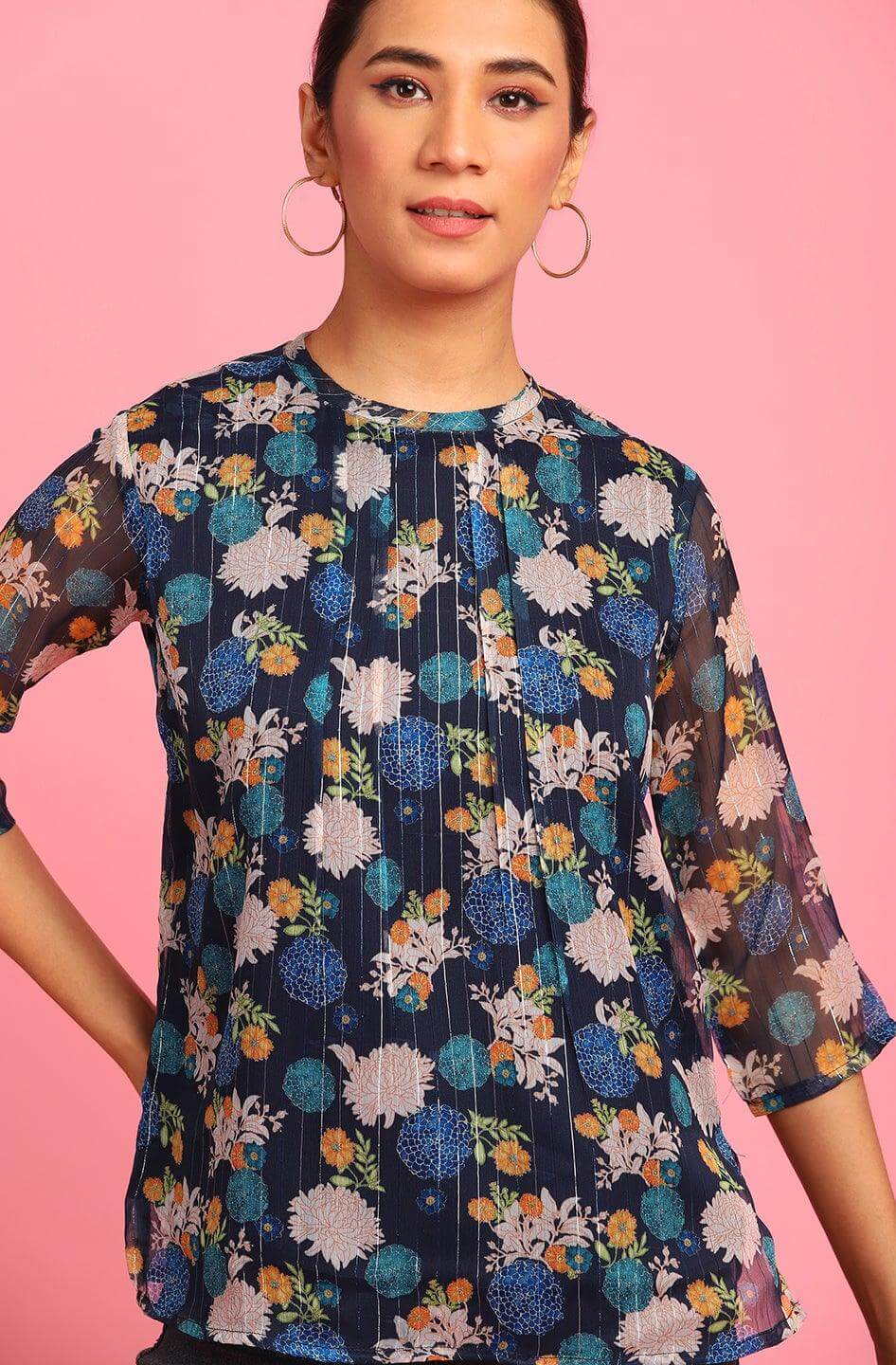 Blue Poly Georgette Floral Print Top