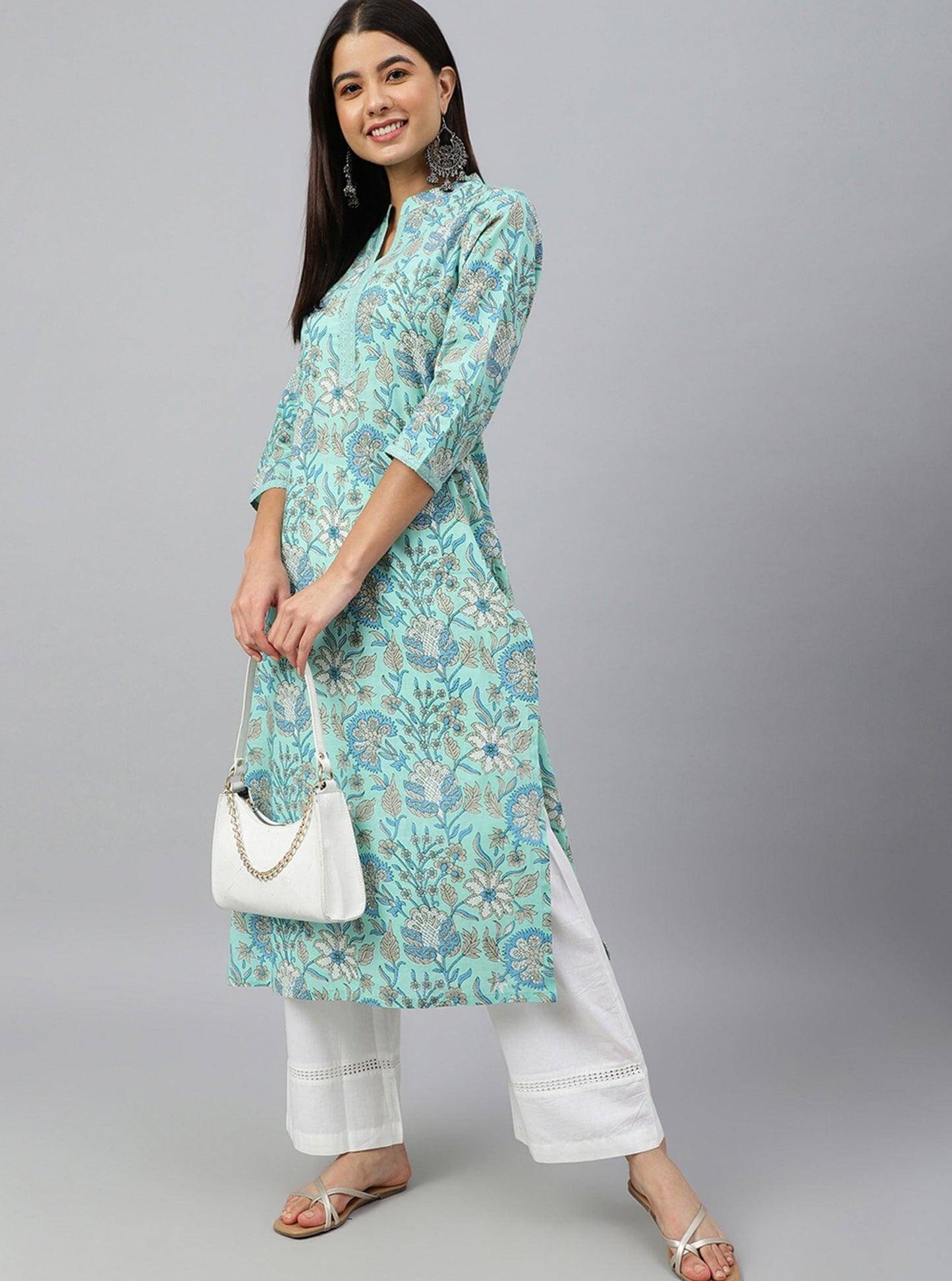 Turquoise Blue Cotton Floral Block Print Straight Kurta