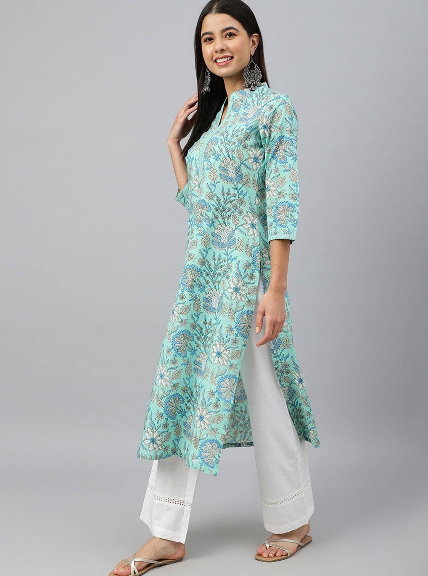 Turquoise Blue Cotton Floral Block Print Straight Kurta