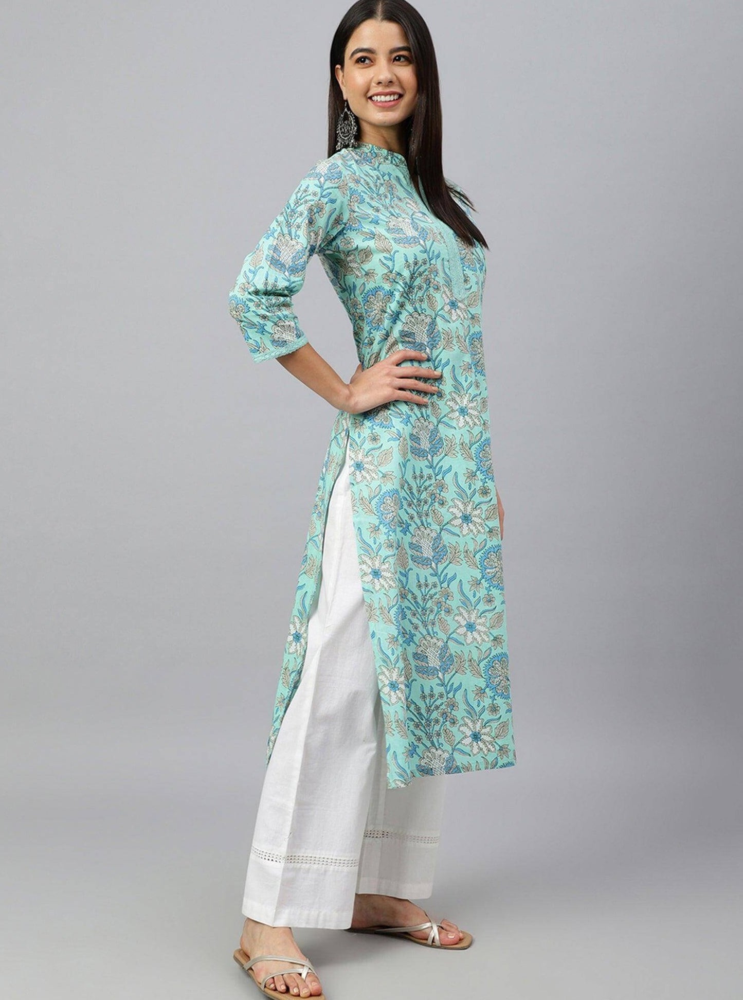 Turquoise Blue Cotton Floral Block Print Straight Kurta