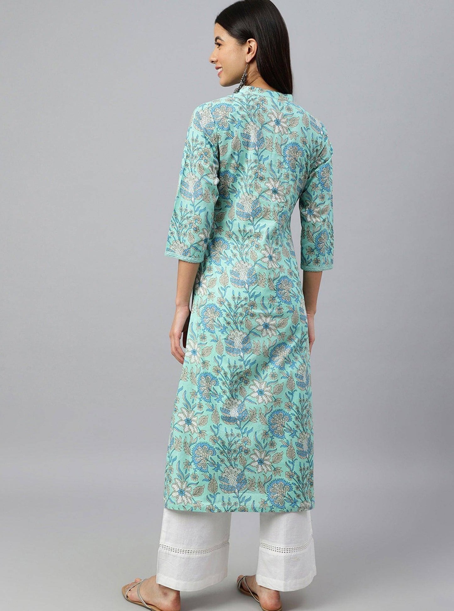 Turquoise Blue Cotton Floral Block Print Straight Kurta