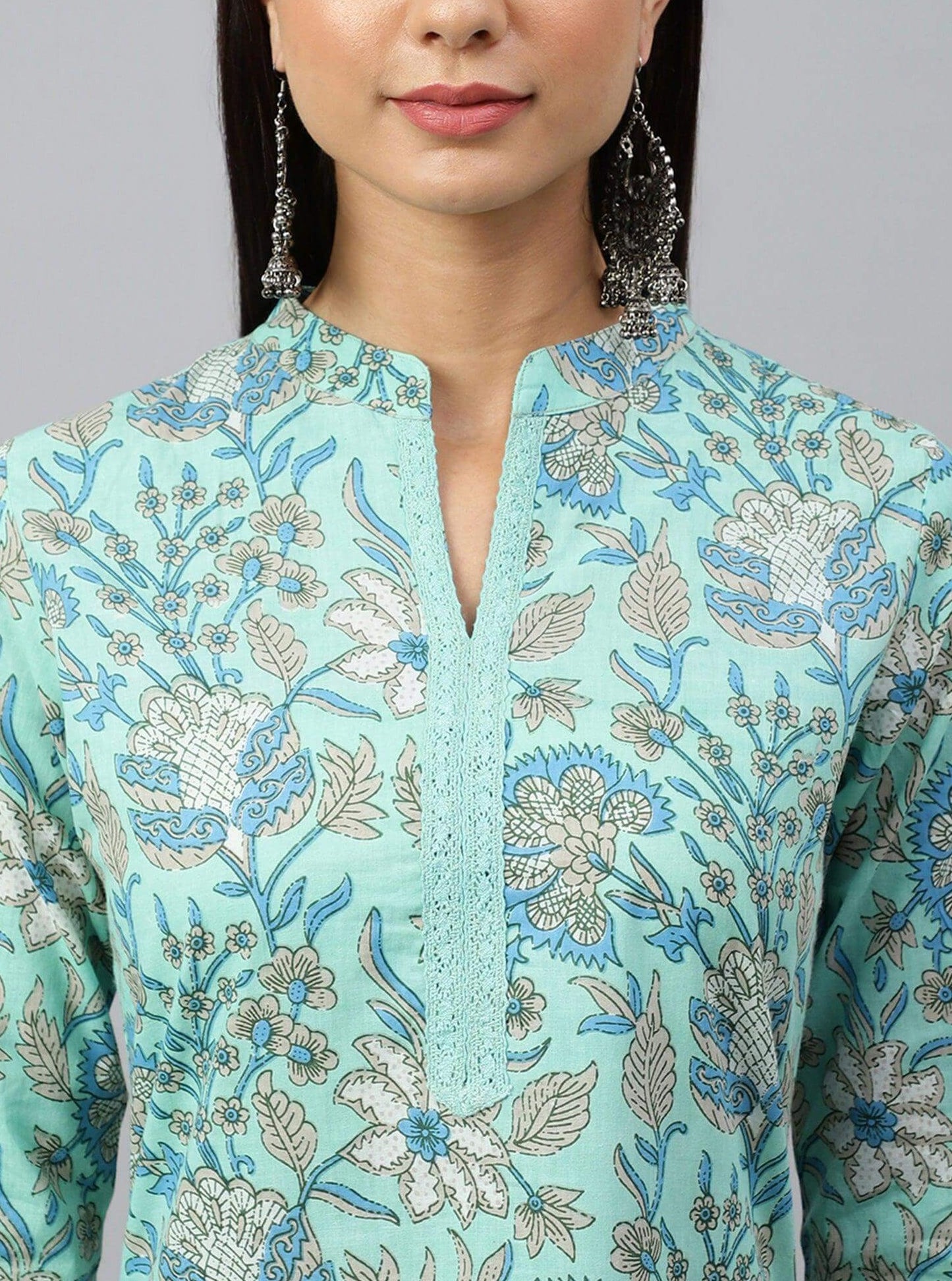 Turquoise Blue Cotton Floral Block Print Straight Kurta
