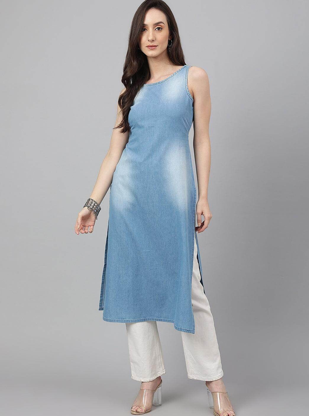 Light Blue Solid Denim Straight Kurta