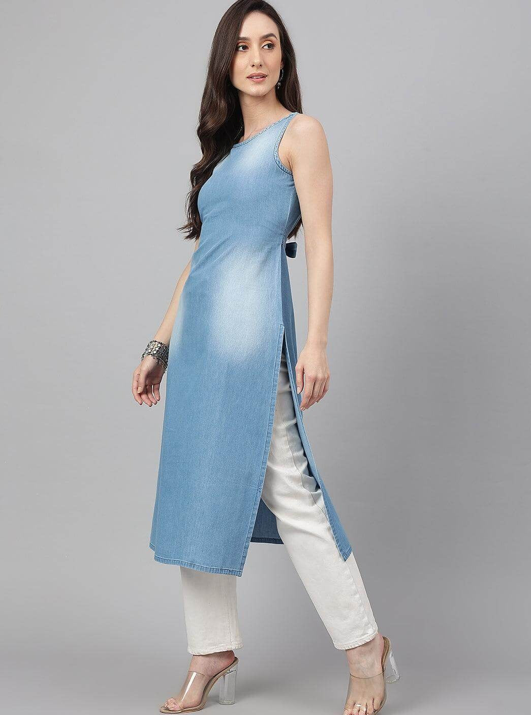 Light Blue Solid Denim Straight Kurta