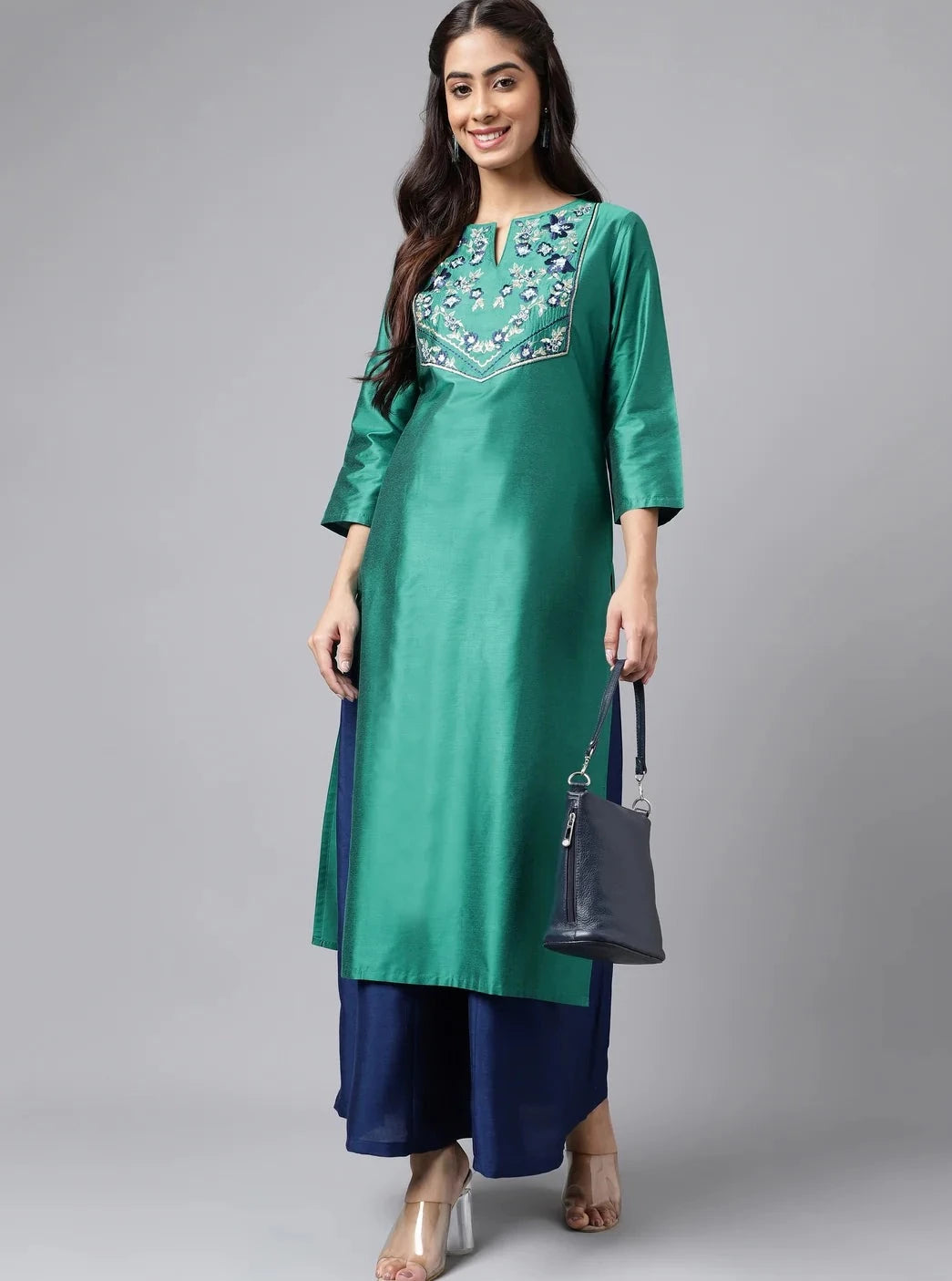 Green Round Neck Thread Work Detail Straight Kurta