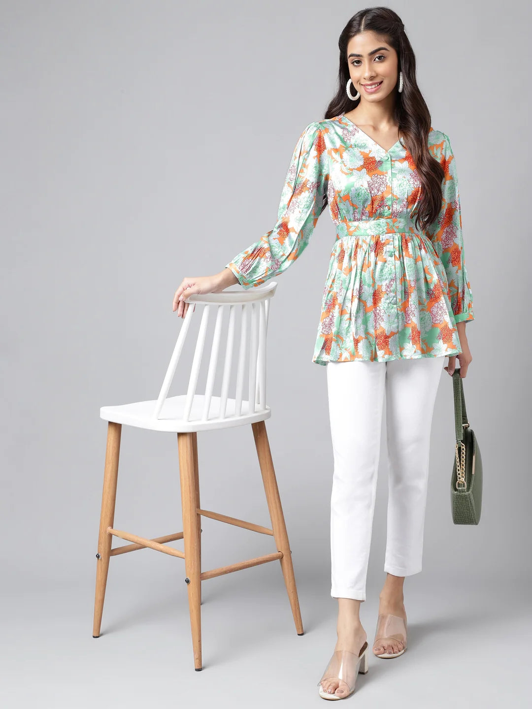 Orange Digital Floral Printed Peplum Top