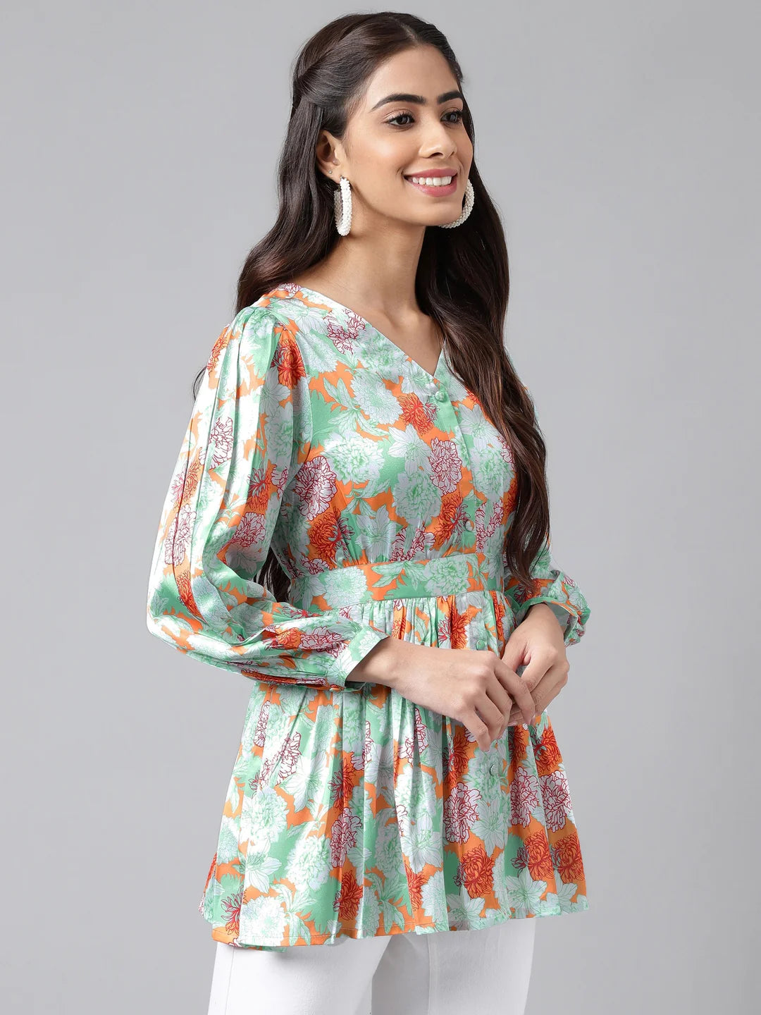 Orange Digital Floral Printed Peplum Top