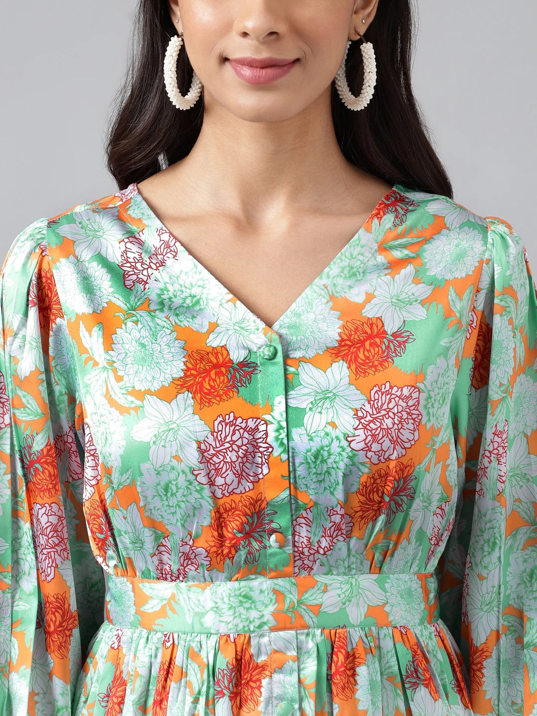 Orange Digital Floral Printed Peplum Top