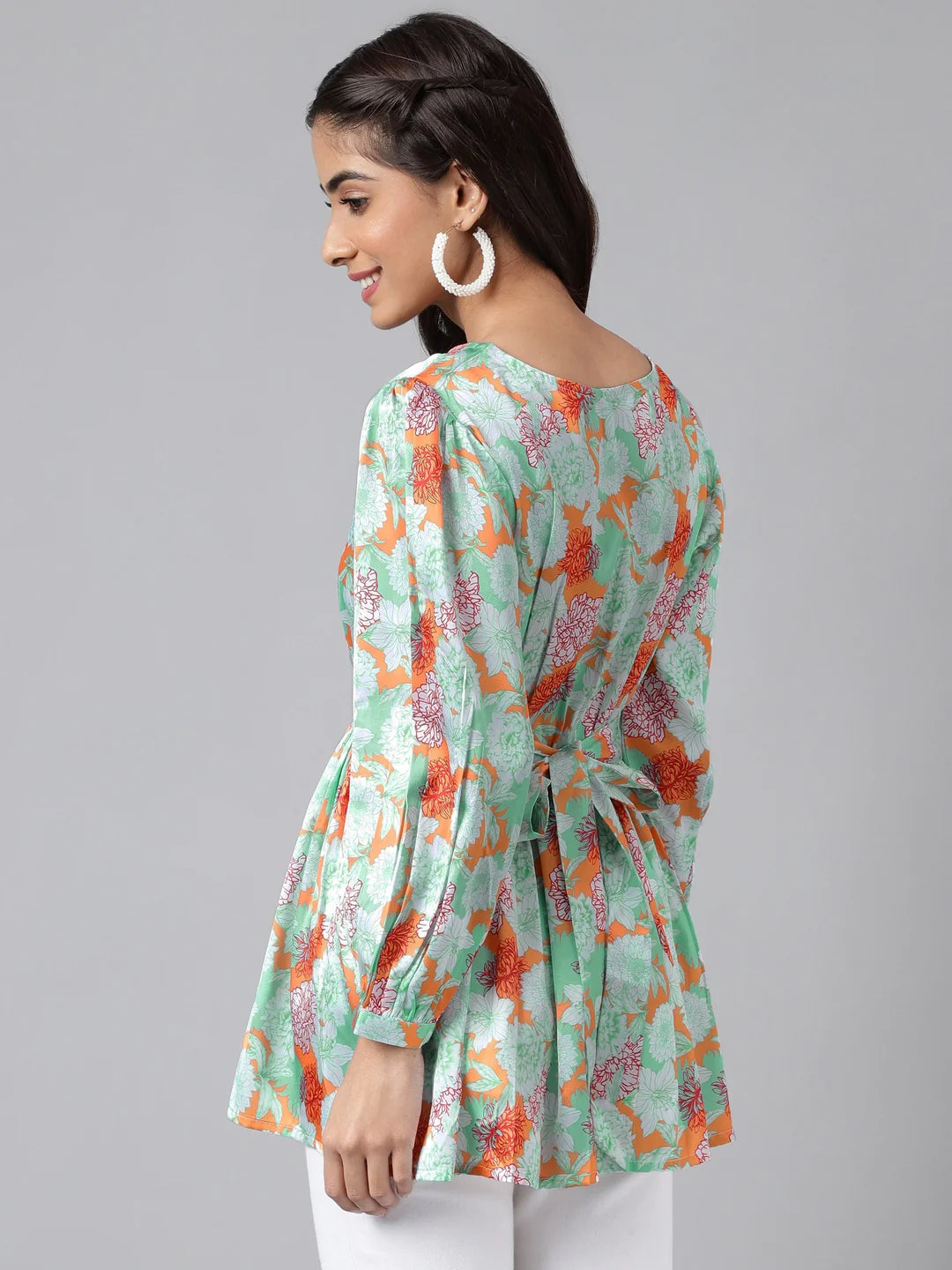 Orange Digital Floral Printed Peplum Top
