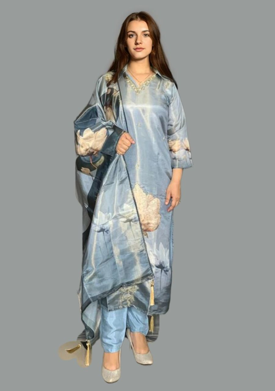 Stitched Designer Suit in Tissue Fabric