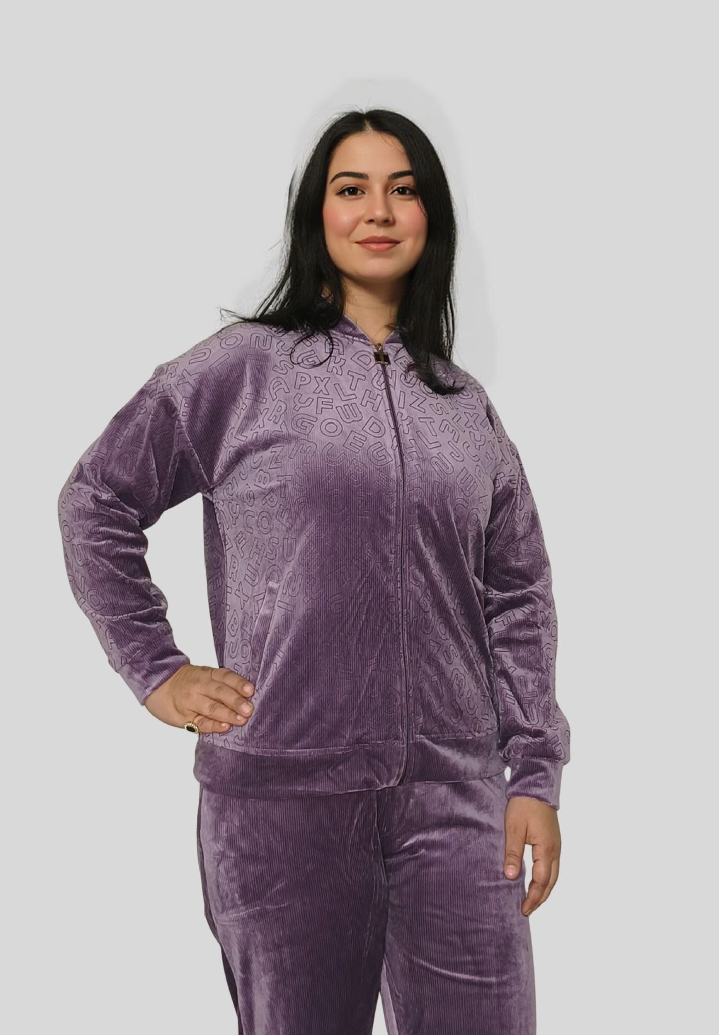 Velvet Zipper Top & Matching Pants Set with Subtle Self-Print