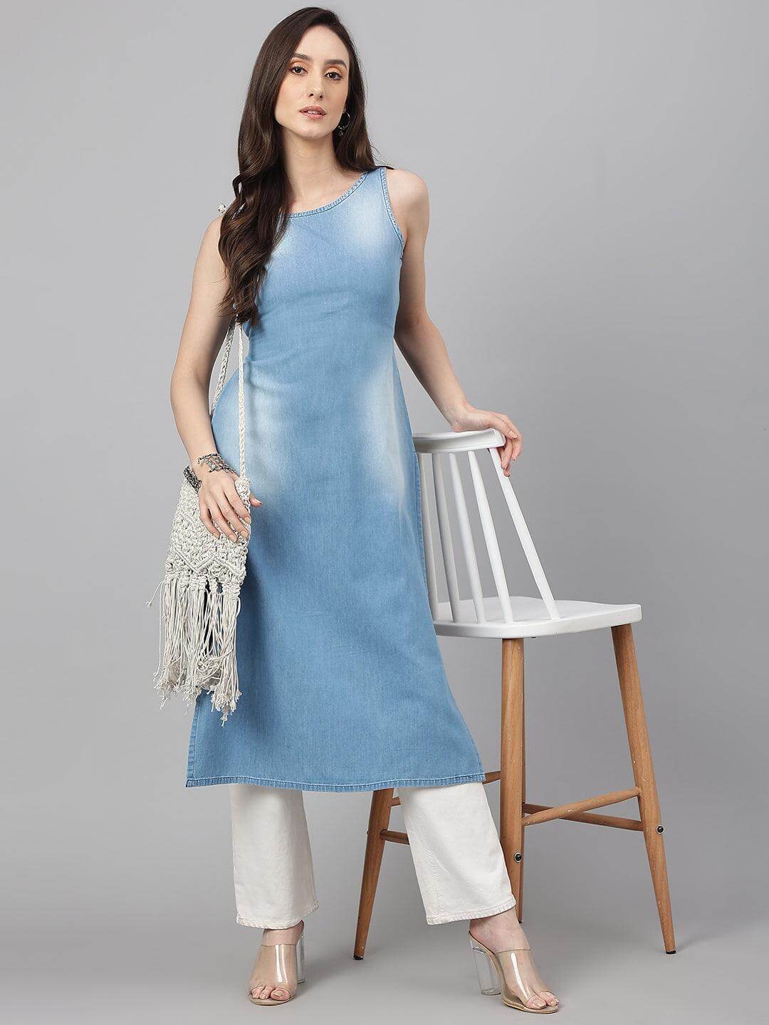 Light Blue Solid Denim Straight Kurta