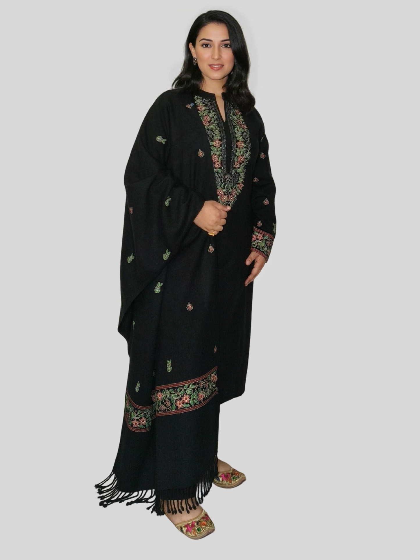 Embroidered Daffodil Wool Suit with Coordinated Shawl