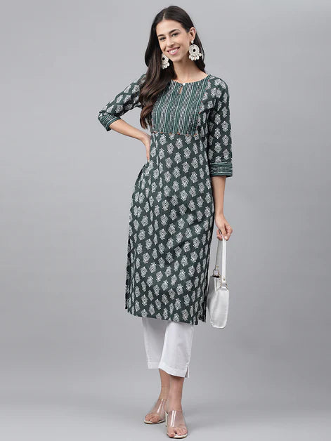 Dark Green Cotton Ethnic Motifs Straight Kurta