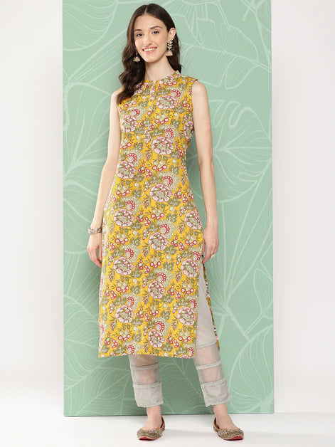 Yellow Cotton Floral Printed Straight Kurta