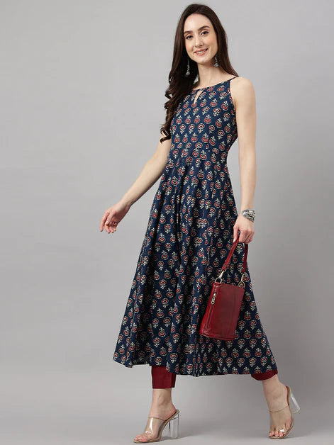 Women's Navy Blue Cotton Botanical Print Anarkali Kurta