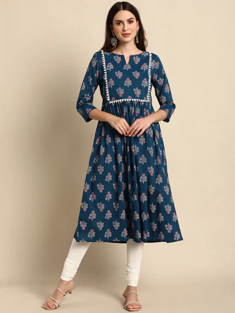 Teal Cotton Ethnic Motifs Flared Kurta