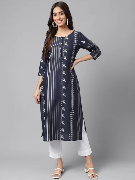 Navy Blue Cotton Ethnic Motif Printed Straight Kurta