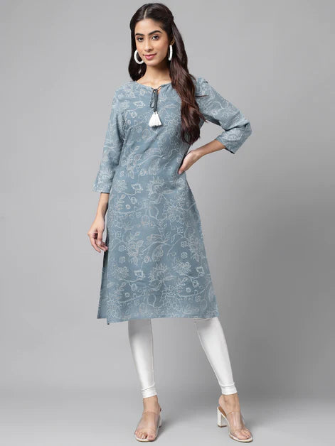 Blue Cotton Floral Printed Straight Kurta