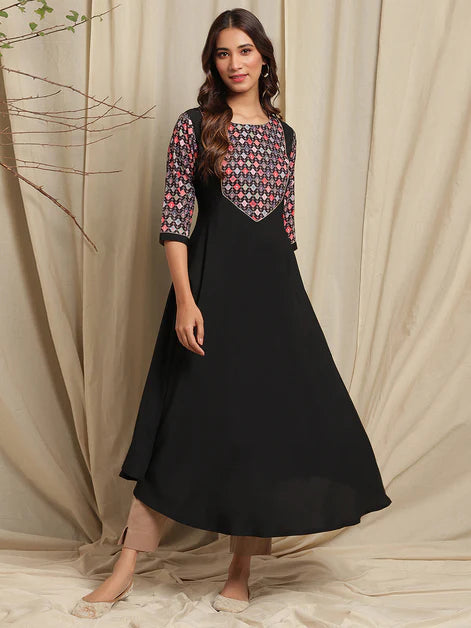 Black Poly Crepe Digital Print High Low Kurta