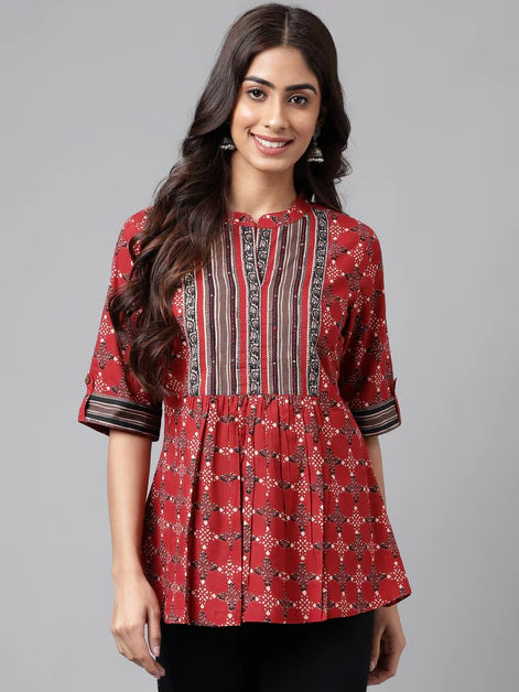 Maroon Cotton Ethnic Motifs A-Line Top