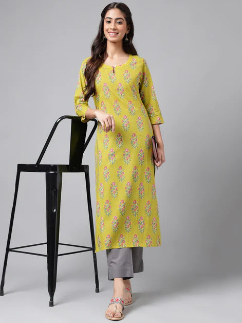 Green Cotton Floral Printed Straight Kurta