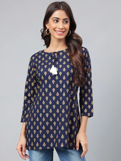 Navy Blue Cotton Foil Printed Regular Kurta