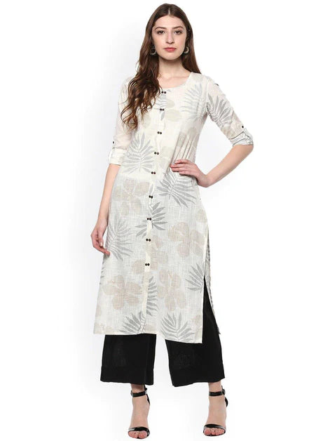 Off White Cotton Foil Print Straight Kurta