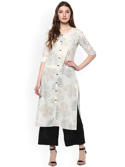 Off White Cotton Foil Print Straight Kurta