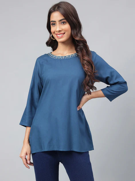 Casual Navy Blue Rayon Regular Sleeves Top