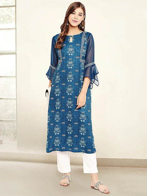 Teal Poly Crepe Digital Print Straight Kurta