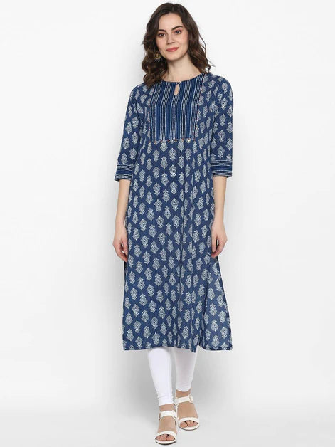 Blue Cotton Block Print Angrakha Kurta