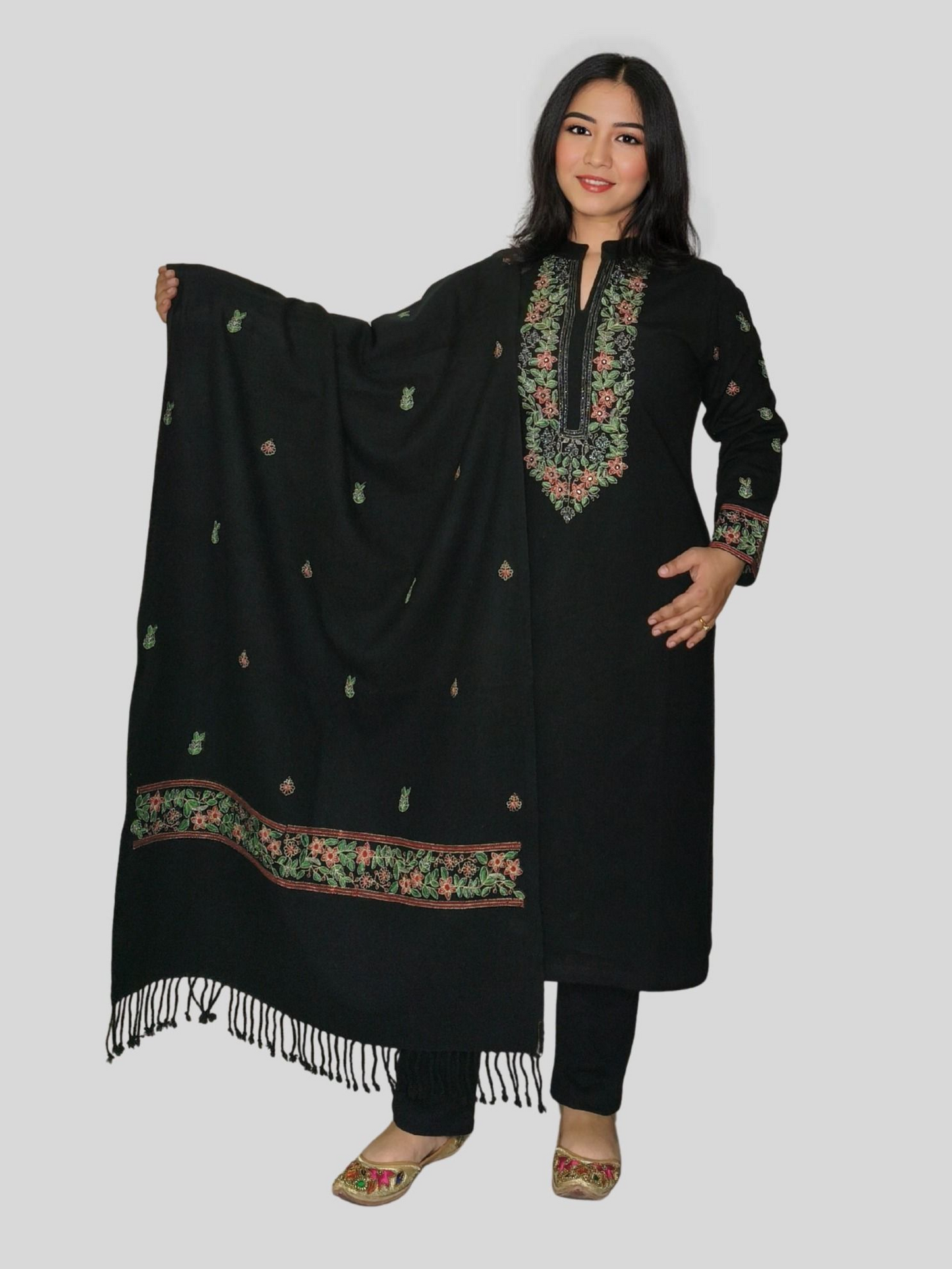 Embroidered Daffodil Wool Suit with Coordinated Shawl