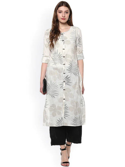 Off White Cotton Foil Print Straight Kurta