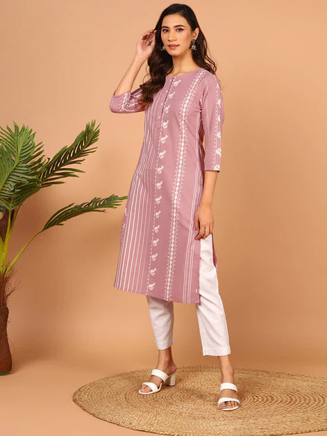 Pastel Pink Cotton Animal Print Straight Kurta