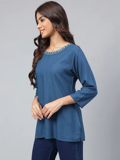 Casual Navy Blue Rayon Regular Sleeves Top