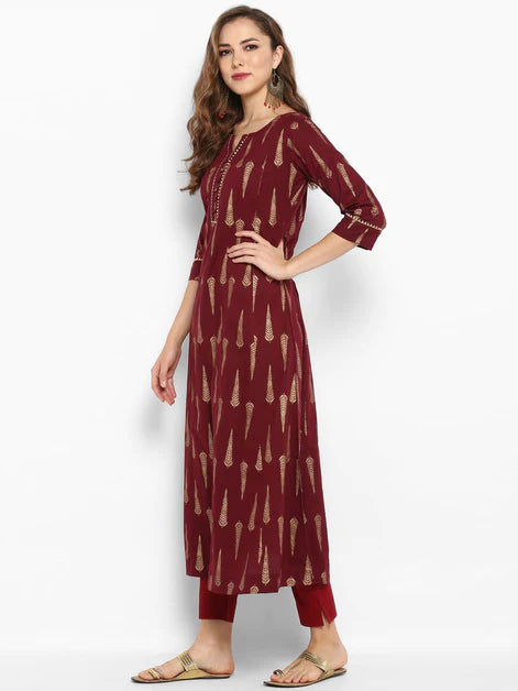 Maroon Cotton Foil Print A-line Kurta