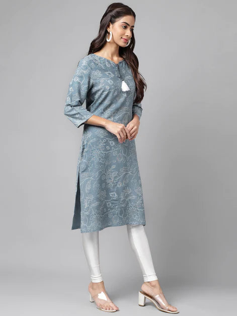 Blue Cotton Floral Printed Straight Kurta