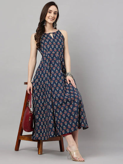 Women's Navy Blue Cotton Botanical Print Anarkali Kurta